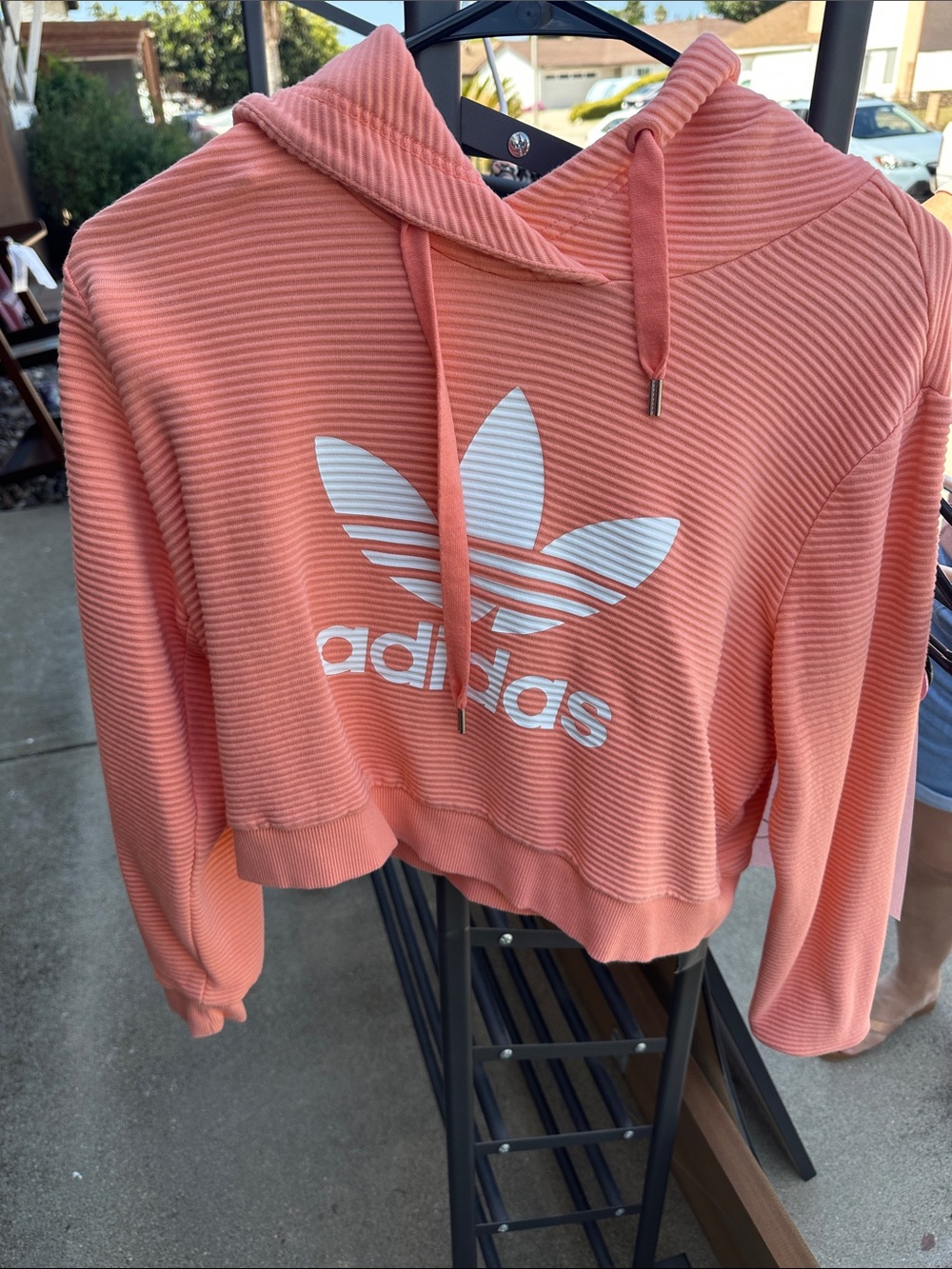 adidas Coral Ribbed Cropped Hoodie with Trefoil Logo